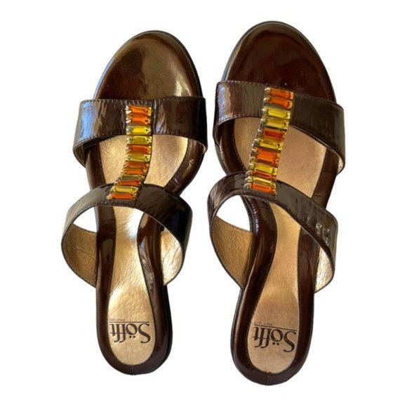 SOFFT Women's Brown Patent Leather Embellished Slide Wedge Sandals 8.5 W - Picture 1 of 10